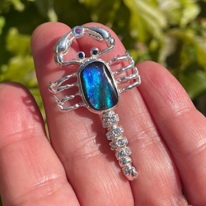 Natural Rare Canadian Ammolite Amethyst Scorpion Brooch 925 Sterling Silver / Unique ancient green blue fossil jewelry handmade