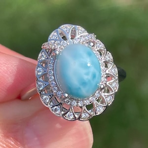 Elegant AAA Natural Dominican Blue Larimar and Cubic Zirconia sz 8.25 Filigree Ring 925 Sterling Silver