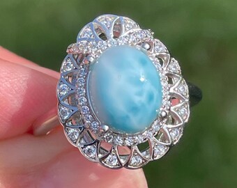 Elegant AAA Natural Dominican Blue Larimar and Cubic Zirconia sz 8.25 Filigree Ring 925 Sterling Silver