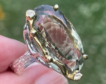 Fency Natural Large Green Amethyst sz 8 Ring 925 Sterling Silver Gold / Elegant cathedral cocktail ring
