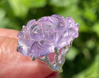 Big 29ct Carved Lotus Flower Rose de France Amethyst sz 8.25 Ring Sterling Silver / Large Fancy Boho Ring