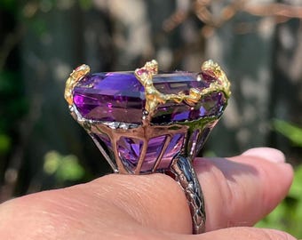 Huge 60ct Rectangle Amethyst Rhodolite Garnet Ring Sz 8.5 Sterling Silver Black Rhodium Gold / big cathedral cocktail ring