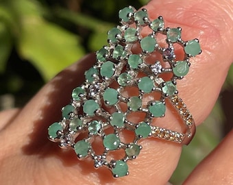 Large Natural Green Emerald Tanzanite Sapphire sz 8.5 Ring 925 Sterling Silver / Fancy modest ring