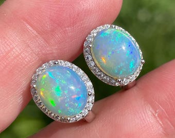 Classy Fire Ethiopian Opal and Cubic Zirconia Oval Halo Stud Earrings 925 Sterling Silver Gift for Her