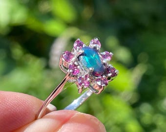 Natural Black Opal Rhodolite Garnet sz 8 Halo Ring 925 Sterling Silver