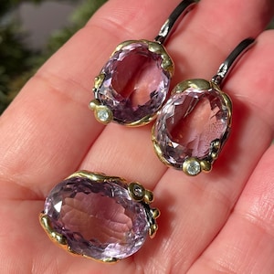 Pendientes grandes de topacio azul ametrino natural de 64 ct y anillo de talla 8,25 en plata de ley 925 con rodio negro dorado / gran conjunto de cóctel de lujo