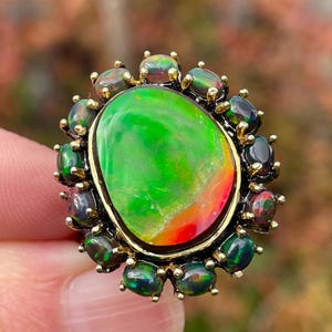 May include: A gold-toned ring featuring a large, oval-shaped opal with vibrant green, red, and orange hues. The opal is surrounded by smaller, dark green gemstones, creating a halo effect. The ring's design is intricate and eye-catching.