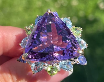 Large 30ct Trilliant Pinkish Purple Amethyst Topaz Peridot Tanzanite sz 8.5 Ring 925 Sterling Silver Gold