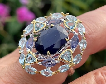Fine Art Natural Dark Blue Sapphire Topaz Tanzanite sz 8 Ring 925 Sterling Silver Gold/ Luxury Cocktail Ring