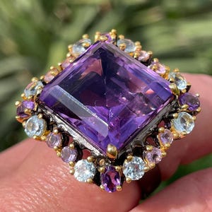 Big Natural 30ct Square Purple Amethyst Topaz sz 8.25 Ring 925 Sterling Silver Black Rhodium Gold / huge vintage style cocktail ring