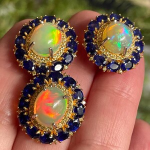 Fancy Large 9x11mm Opal Dark Blue Sapphire Post Halo Earrings sz 7 Ring Set 925 Sterling Silver Gold/ elegant luxury cocktail set