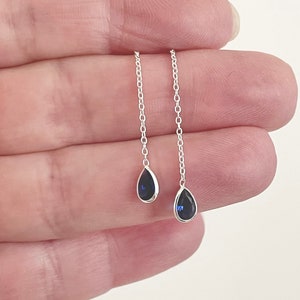 Tiny Deep Blue Teardrop Threader Earrings 925 Sterling Silver sapphire blue cubic zirconia delicate trendy minimalist / for mom and daughter