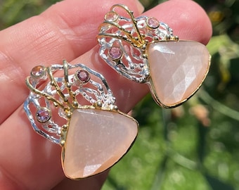 Fine Art Large Pink Golden Sunstone Tourmaline Modern Stud Earrings 925 Sterling Silver Gold