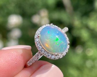 Classy Fire Ethiopian Opal and Cubic Zirconia Oval sz 7.25 Ring 925 Sterling Silver Gift for Her