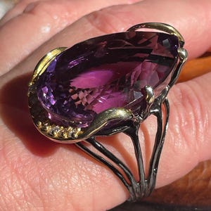Huge 50ct Teardrop Purple Amethyst Sz 8.5 Ring Sterling Silver Black Rhodium Gold / elegant giant cocktail gemstone ring