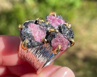 Big Unique Rough Green Bi-Color  Pink Black Tourmaline sz 7.25 Ring 925 Sterling Silver Gold/ fine art boho