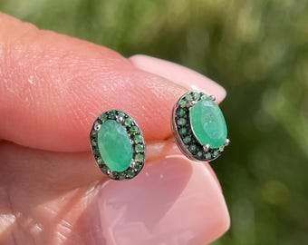 Classy Dainty Natural Emerald and Tsavorite Garnet Oval Halo Stud Earrings 925 Sterling Silver