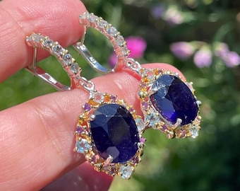 Exquisite Deep Blue Sapphire Topaz Amethyst Dangle Earrings 925 Sterling Silver Gold