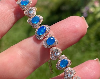 Unique Blue Opal Aquamarine Tennis Bracelet 925 Sterling Silver Rose Gold