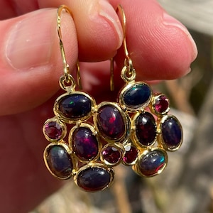 Fancy Large Black Opal Rhodolite Garnet Cluster Dangle Earrings 925 Sterling Silver 18K Gold / Unique Artisan Gift for Her