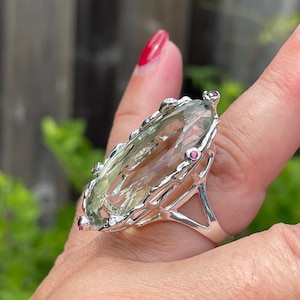 Natural Long Oval 40ct Green Amethyst and Rhodolite Garnet sz 7.75 Ring 925 Sterling Silver / big fancy modish ring