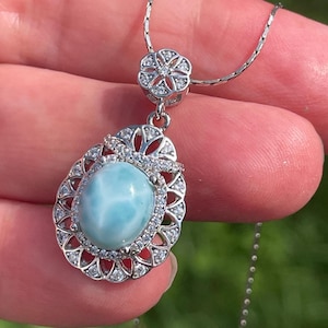 Elegante Dominicaanse blauwe larimar en zirkonia filigraanhangerketting 925 sterlingzilver
