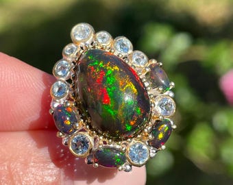 Natural Large Teardrop Fire Black Opal Topaz sz 7 Ring 925 Sterling Silver Gold