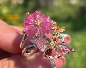 Fine Art Carved Watermelon Butterfly Hot Pink Flower Tourmaline sz 8.75 Ring 925 Sterling Silver Gold