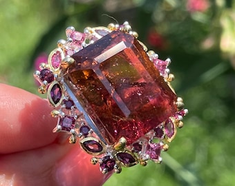 ON HOLD! Huge 40ct Rare Orange Red Tourmaline sz 8 Ring 925 Sterling Silver Gold