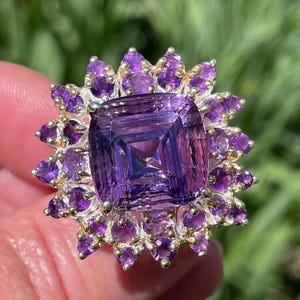 Exquisite Big Natural Square Pinkish Amethyst sz 8.25 Ring 925 Sterling Silver Gold / big vintage style cocktail ring