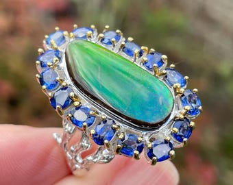 Natürlicher seltener kanadischer Ammolit Vivid Blue Saphir Sz 8.5 Ring 925 Sterling Silber / Einzigartiger vintage grüner Fossilienring