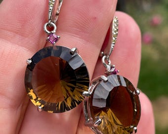 Elegant 36ct Round Concave Cut Cognac Quartz Rhodolite Garnet Dangle Earrings 925 Sterling Silver