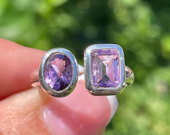 Contemporary Octagon Oval Purple Amethyst sz 7 Open Ring 925 Sterling Silver