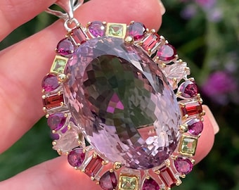Huge 70ct Ametrine Carved Tourmaline Leaf Peridot Rhodolite Garnet Pendant 925 Sterling Silver Gold
