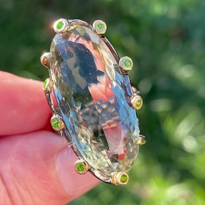 Natural Big Long Oval 30ct Green Amethyst Chrome Diopside sz 8.75 Ring 925 Sterling Silver Black Rhodium Gold / large fancy modish ring