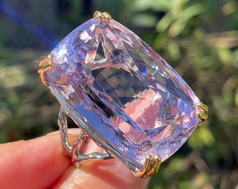 Huge 90ct Pinkish Rose de France Amethyst sz 8 Ring 925 Sterling Silver Gold / big exquisite cocktail modern solitaire ring