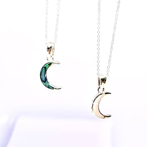 Dainty Crescent Moon Mother of Pearl, Abalone Pendant Sterling Silver Necklace / Paua shell unisex chain necklace