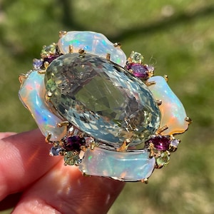 Artistic 55ct Green Amethyst Rough Opal Rhodolite Garnet sz 7 Ring 925 Sterling Silver Gold/ fine art huge luxury cocktail ring