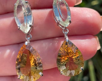 Elegant 30ct Concave Cut Rich Yellow Citrine and Green Amethyst Cocktail Earrings 925 Sterling Silver