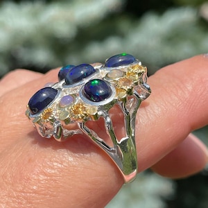 Natural Flash Black Opal Sapphire Big Round Size 7 Ring 925 Sterling Silver Gold Plated / Fancy Handmade Vintage Ring