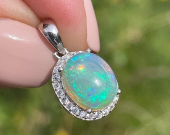 Natural Ethiopian Fire Opal and Cubic Zirconia Oval Halo Pendant 925 Sterling Silver / Gift for her Wedding Anniversary