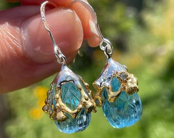Fancy Swiss Blue Topaz Fine Art Dangle Earrings 925 Sterling Silver Gold