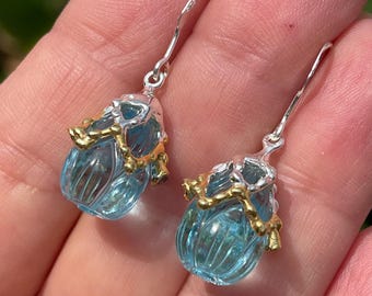 Fancy Carved Teardrop Swiss Blue Topaz Fine Art Earrings 925 Sterling Silver Gold