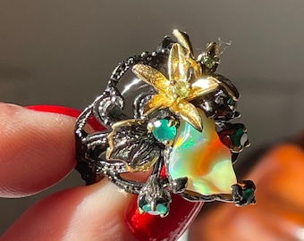 Unique Raw Ethiopian Opal Green Emerald and Peridot Floral Size 8.5 Ring 925 Sterling Silver