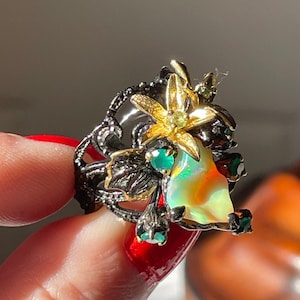 Unique Raw Ethiopian Opal Green Emerald and Peridot Floral Size 8.5 Ring 925 Sterling Silver