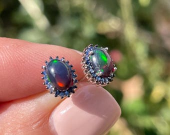 Classy Dainty Flash Black Opal Sapphire Halo Stud Earrings 925 Sterling Silver