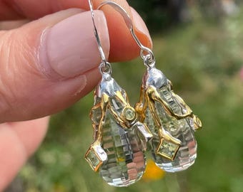 Fancy Fine Art Briolette Green Amethyst Peridot Dangle Earrings 925 Sterling Silver Gold