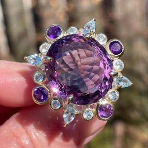 Large 30ct Oval Purple Amethyst Blue Topaz Statement sz 8.25 Ring 925 Sterling Silver Gold/ Big cocktail one of a kind ring