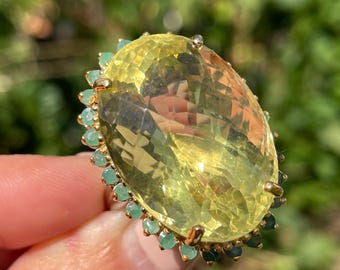 Big 59ct Brazilian Lemon Quartz Green Emerald sz 9 Ring 925 Sterling Silver Gold / Modern Cocktail Ring