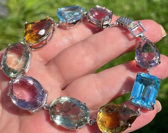 Luxury Huge 160ct Natural Ametrine Citrine Green Amethyst Blue Topaz 9" Tennis Bracelet 925 Sterling Silver / big gemstones bracelet
